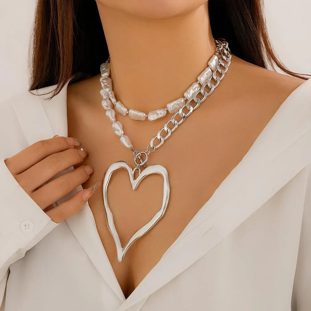 Chunky Large Heart Statement Necklaces for Women Dainty Layered Gold Geometric Pearl Love Pendant Choker Trendy Silver Y2k Heart Jewelry Set Gifts
