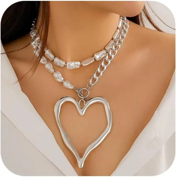 Chunky Large Heart Statement Necklaces for Women Dainty Layered Gold Geometric Pearl Love Pendant Choker Trendy Silver Y2k Heart Jewelry Set Gifts