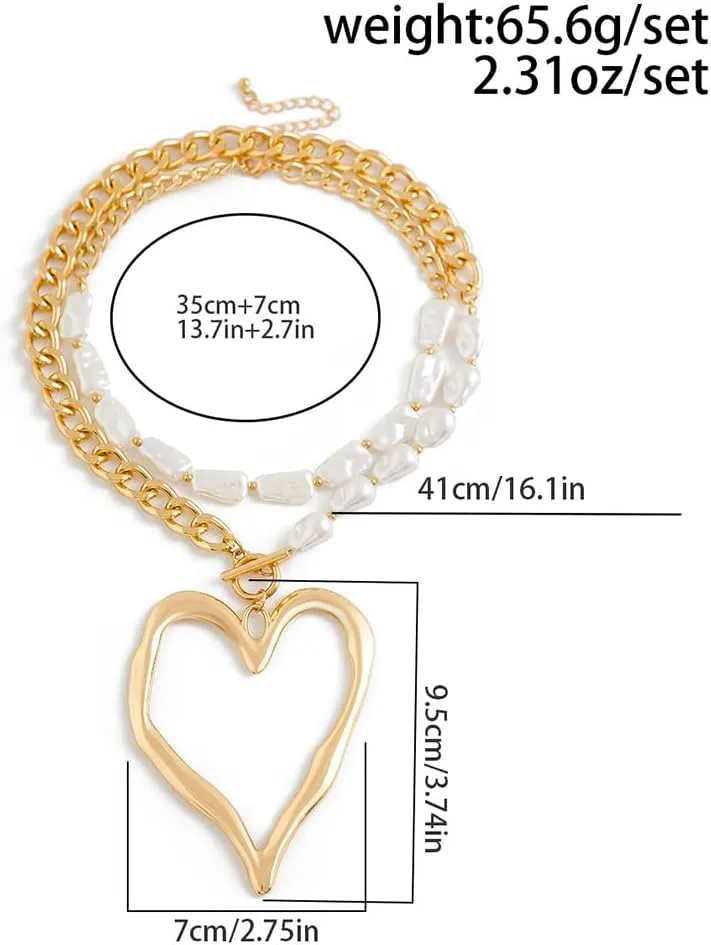 Chunky Large Heart Statement Necklaces for Women Dainty Layered Gold Geometric Pearl Love Pendant Choker Trendy Silver Y2k Heart Jewelry Set Gifts