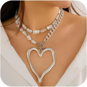 Chunky Large Heart Statement Necklaces for Women Dainty Layered Gold Geometric Pearl Love Pendant Choker Trendy Silver Y2k Heart Jewelry Set Gifts