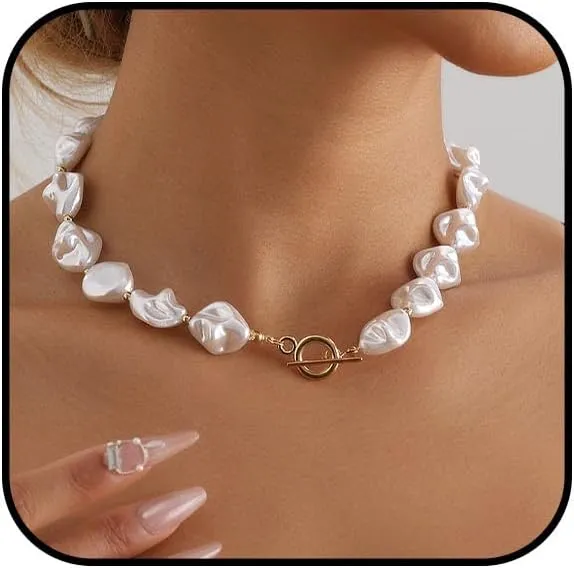 Chunky Pearl Necklace for Women Baroque Pearl Choker Necklace White Freshwater Pearl Necklace Dainty Irregular Large Pearl Necklace Thick Pearl Beaded Chain Necklace