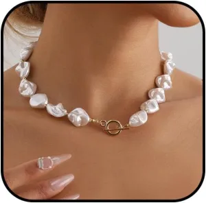 Chunky Pearl Necklace for Women Baroque Pearl Choker Necklace White Freshwater Pearl Necklace Dainty Irregular Large Pearl Necklace Thick Pearl Beaded Chain Necklace