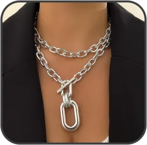 Chunky Silver Necklace for Women Punk Thick Statement Lock Necklace Cuban Layered Link Chain Choker Carabiner Paperclip Chain Stack Toggle Bar Clasp Choker Hip hop Trendy Costume Jewelry