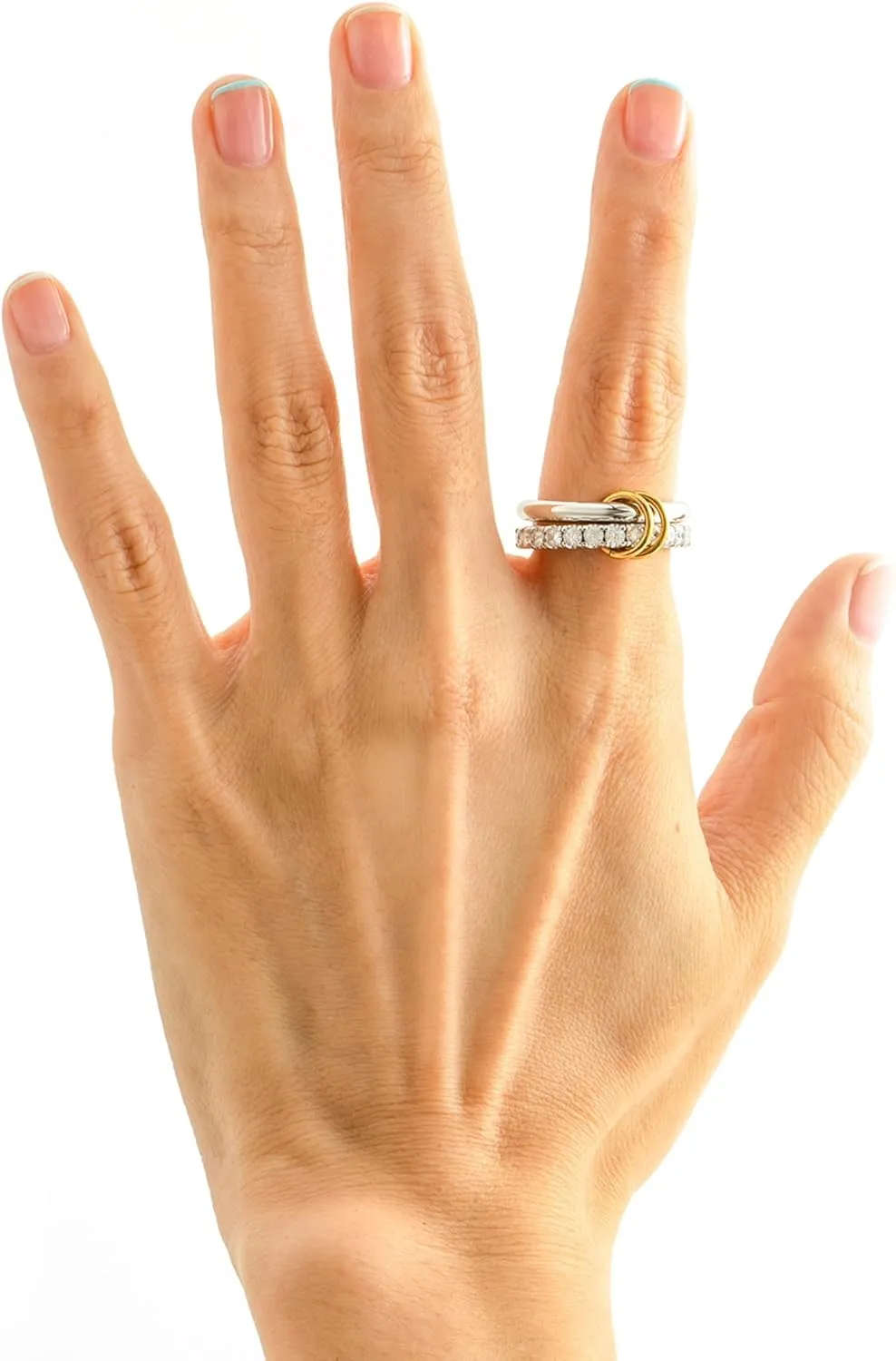 Chunky Stackable Cubic Zirconia Rings Set Non Tarnish, Silver Rings Set for Women, 18K White Gold Plated Multi-Link Connected Rings