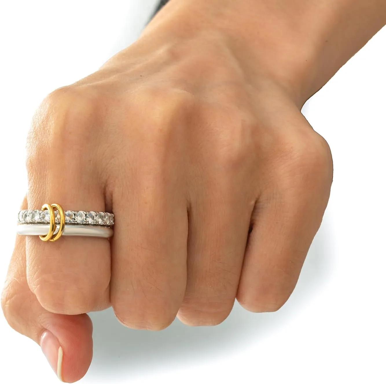 Chunky Stackable Cubic Zirconia Rings Set Non Tarnish, Silver Rings Set for Women, 18K White Gold Plated Multi-Link Connected Rings