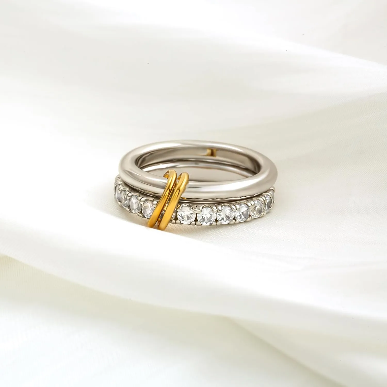 Chunky Stackable Cubic Zirconia Rings Set Non Tarnish, Silver Rings Set for Women, 18K White Gold Plated Multi-Link Connected Rings