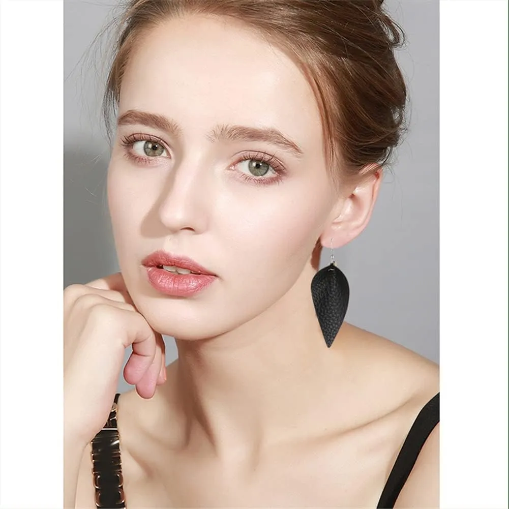 CHUNYANAN Boho Elegant Lightweight Black Genuine Real Leather Geometric Dangle Drop Earrings for Women Petal Leaf Feather Teardrop Earrings Jewelry Gift