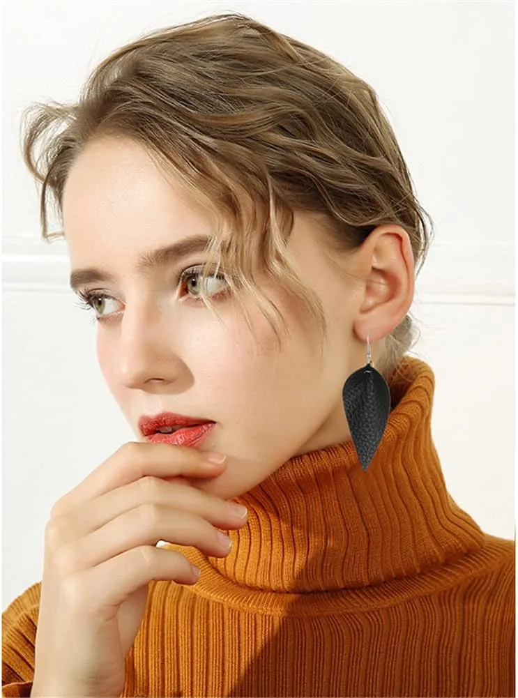 CHUNYANAN Boho Elegant Lightweight Black Genuine Real Leather Geometric Dangle Drop Earrings for Women Petal Leaf Feather Teardrop Earrings Jewelry Gift