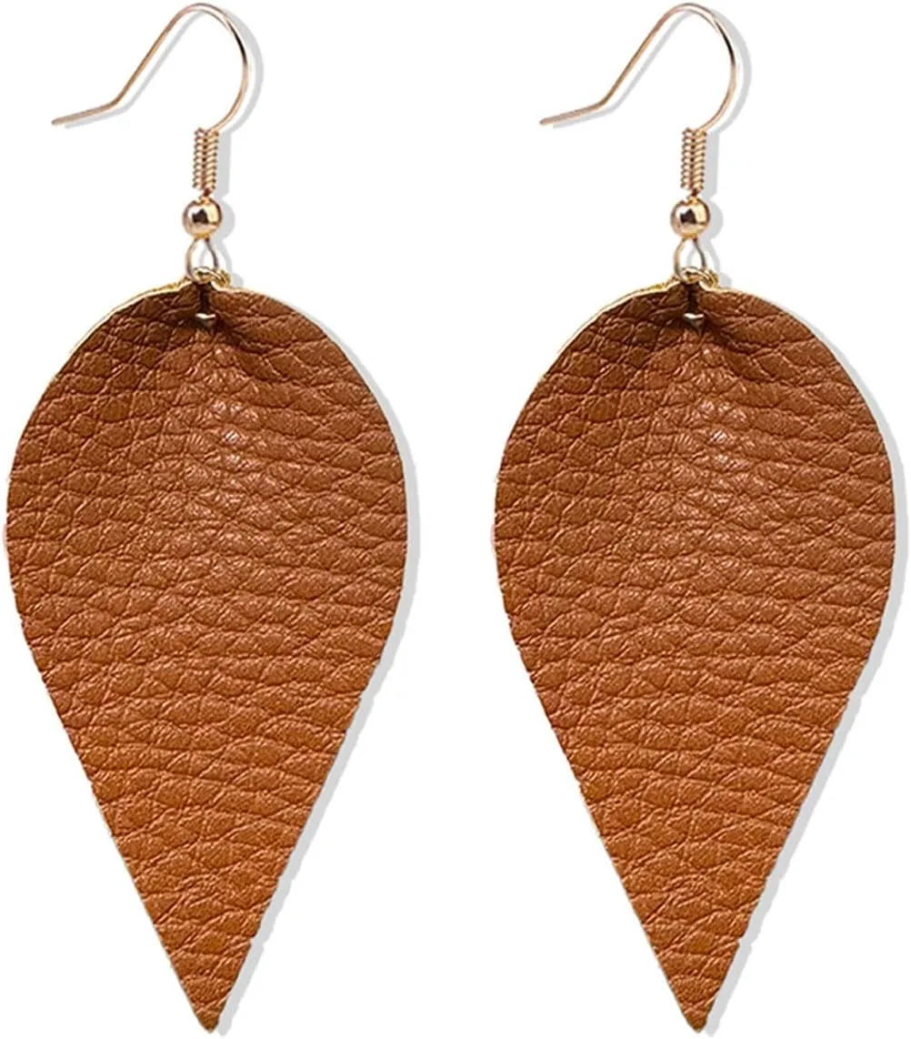 CHUNYANAN Boho Elegant Lightweight Black Genuine Real Leather Geometric Dangle Drop Earrings for Women Petal Leaf Feather Teardrop Earrings Jewelry Gift