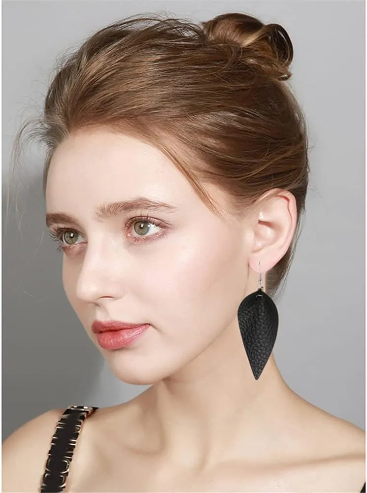 CHUNYANAN Boho Elegant Lightweight Black Genuine Real Leather Geometric Dangle Drop Earrings for Women Petal Leaf Feather Teardrop Earrings Jewelry Gift