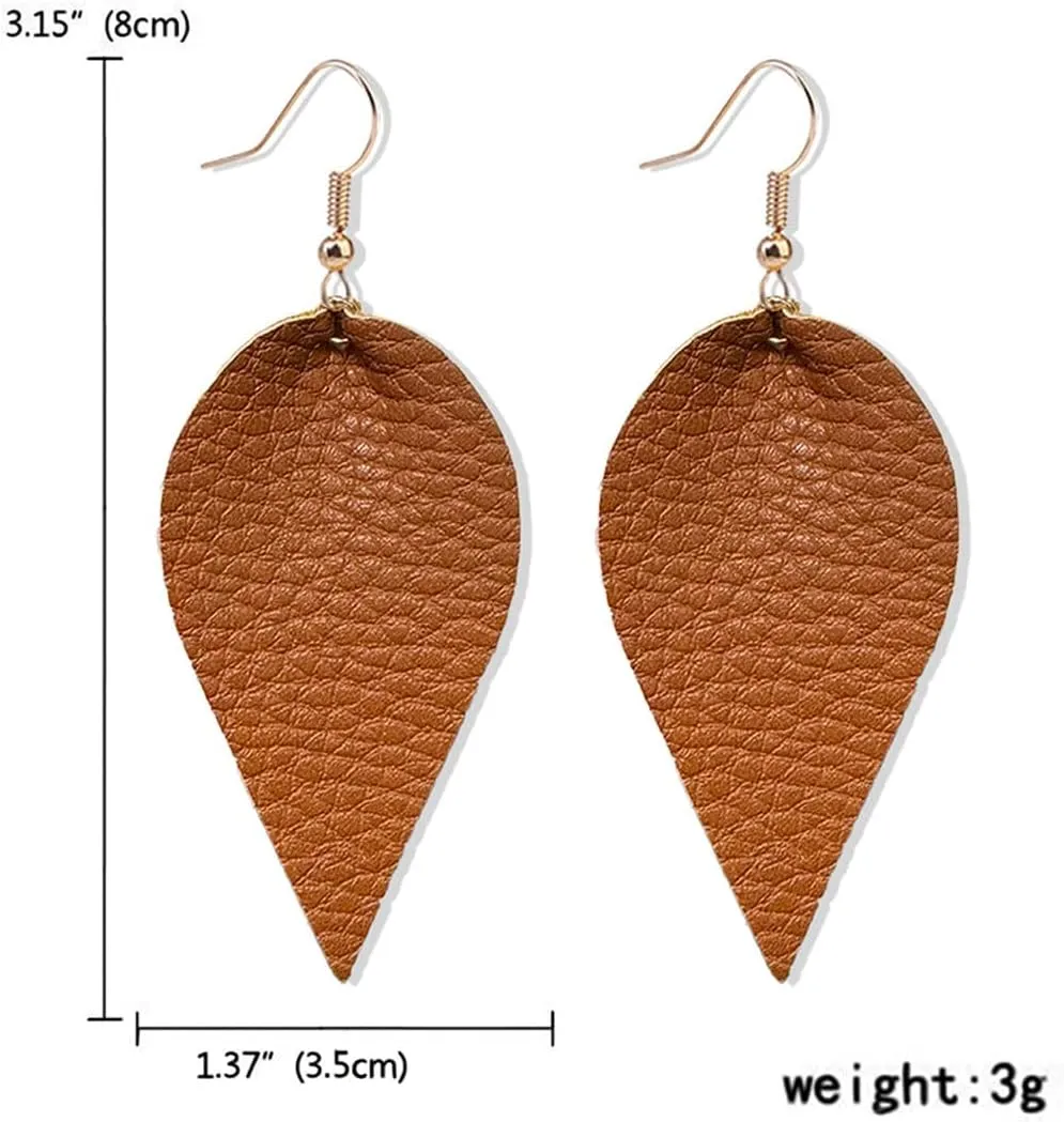 CHUNYANAN Boho Elegant Lightweight Black Genuine Real Leather Geometric Dangle Drop Earrings for Women Petal Leaf Feather Teardrop Earrings Jewelry Gift