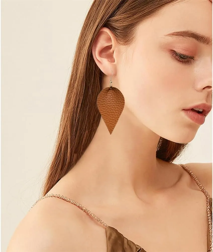 CHUNYANAN Boho Elegant Lightweight Black Genuine Real Leather Geometric Dangle Drop Earrings for Women Petal Leaf Feather Teardrop Earrings Jewelry Gift