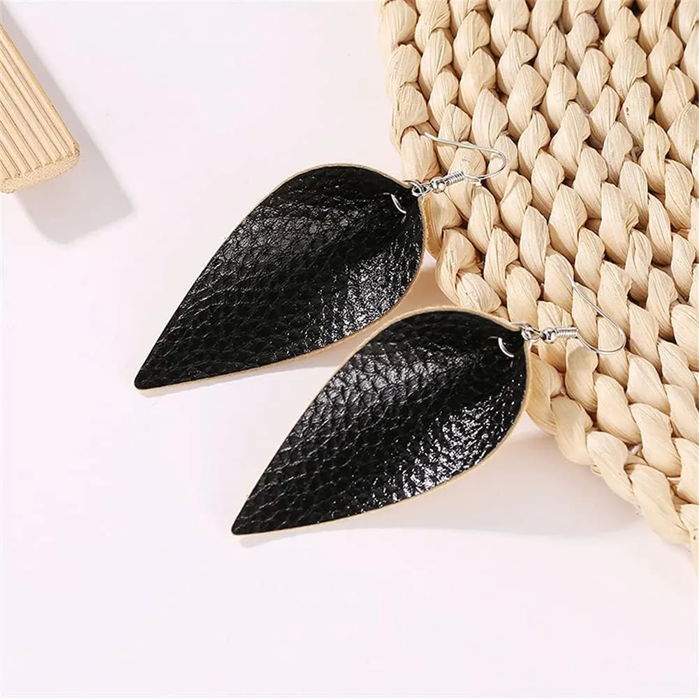 CHUNYANAN Boho Elegant Lightweight Black Genuine Real Leather Geometric Dangle Drop Earrings for Women Petal Leaf Feather Teardrop Earrings Jewelry Gift