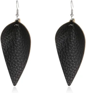 CHUNYANAN Boho Elegant Lightweight Black Genuine Real Leather Geometric Dangle Drop Earrings for Women Petal Leaf Feather Teardrop Earrings Jewelry Gift