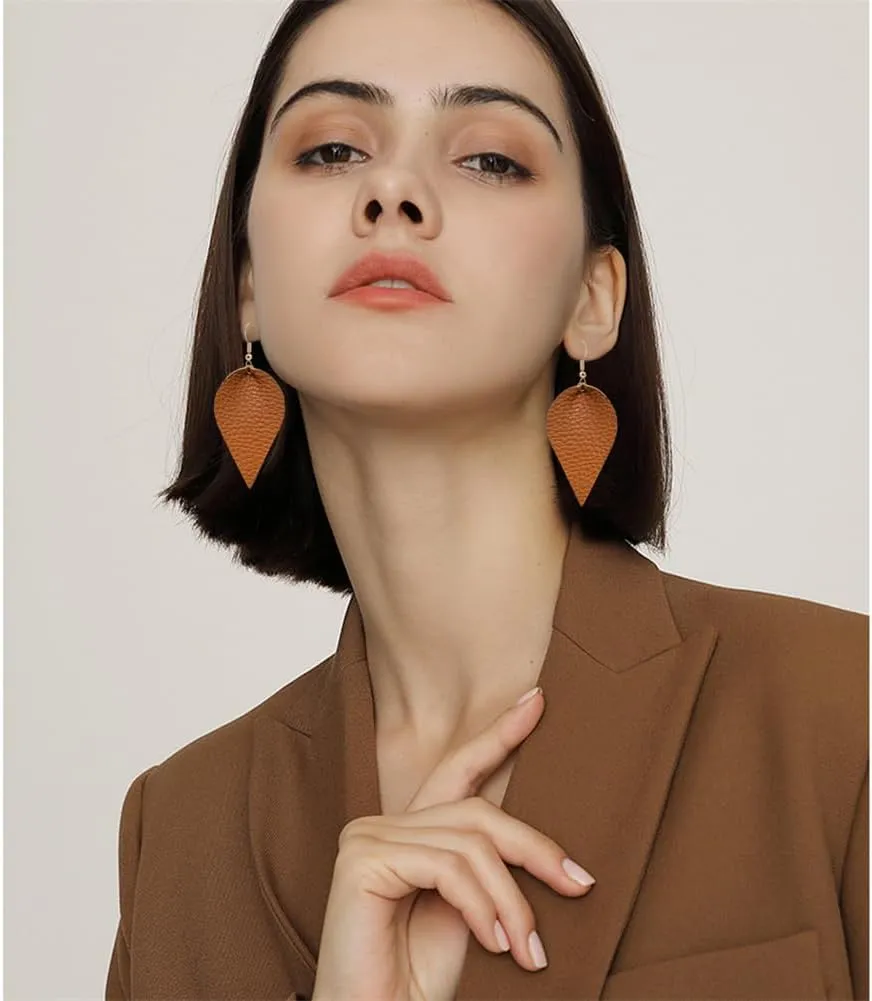 CHUNYANAN Boho Elegant Lightweight Black Genuine Real Leather Geometric Dangle Drop Earrings for Women Petal Leaf Feather Teardrop Earrings Jewelry Gift