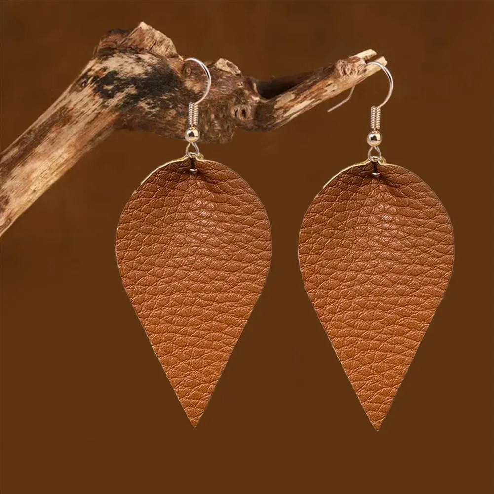 CHUNYANAN Boho Elegant Lightweight Black Genuine Real Leather Geometric Dangle Drop Earrings for Women Petal Leaf Feather Teardrop Earrings Jewelry Gift