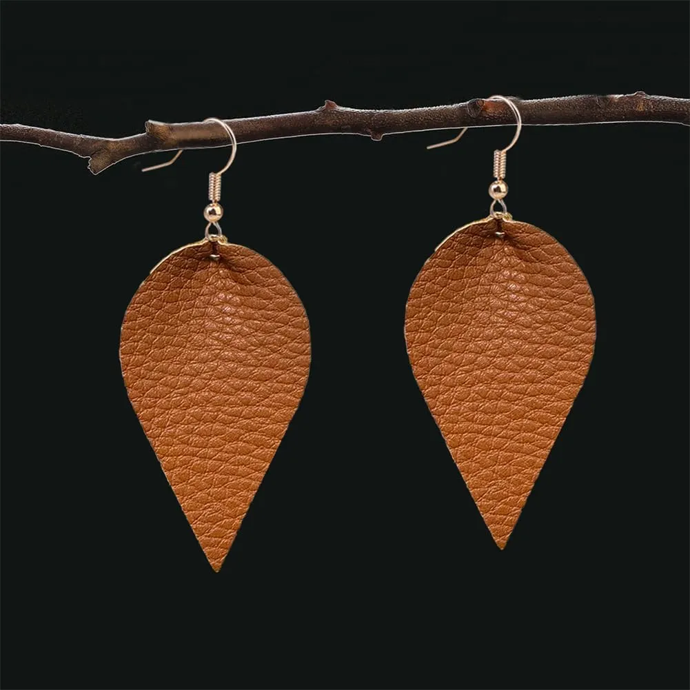CHUNYANAN Boho Elegant Lightweight Black Genuine Real Leather Geometric Dangle Drop Earrings for Women Petal Leaf Feather Teardrop Earrings Jewelry Gift