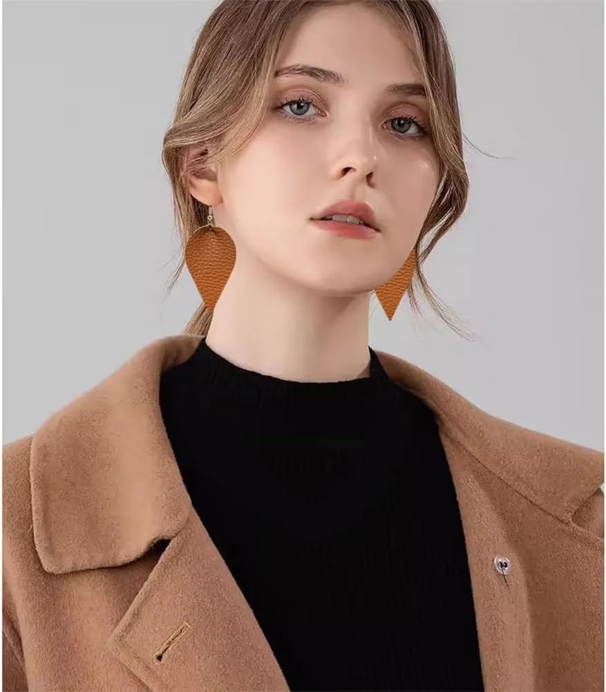 CHUNYANAN Boho Elegant Lightweight Black Genuine Real Leather Geometric Dangle Drop Earrings for Women Petal Leaf Feather Teardrop Earrings Jewelry Gift