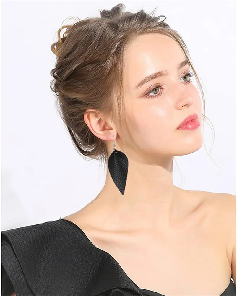 CHUNYANAN Boho Elegant Lightweight Black Genuine Real Leather Geometric Dangle Drop Earrings for Women Petal Leaf Feather Teardrop Earrings Jewelry Gift
