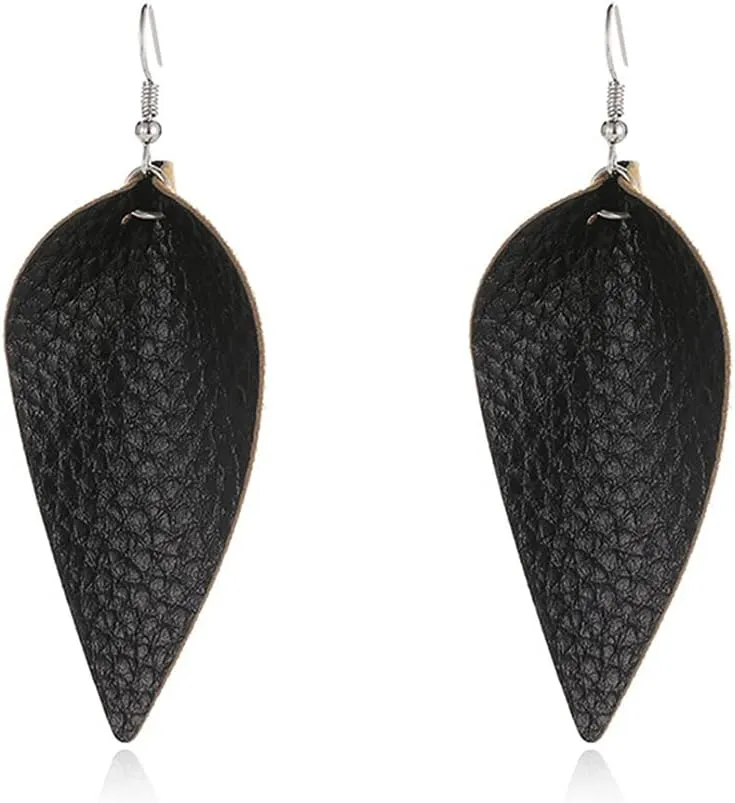 CHUNYANAN Boho Elegant Lightweight Black Genuine Real Leather Geometric Dangle Drop Earrings for Women Petal Leaf Feather Teardrop Earrings Jewelry Gift