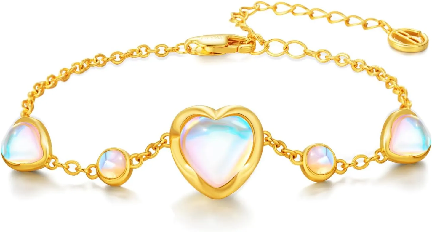 Cicy Bell Womens 18k Gold Plated Bracelets Moonstone Lucky Heart Charm Adjustable Bracelets 6.69" with 2" Extender