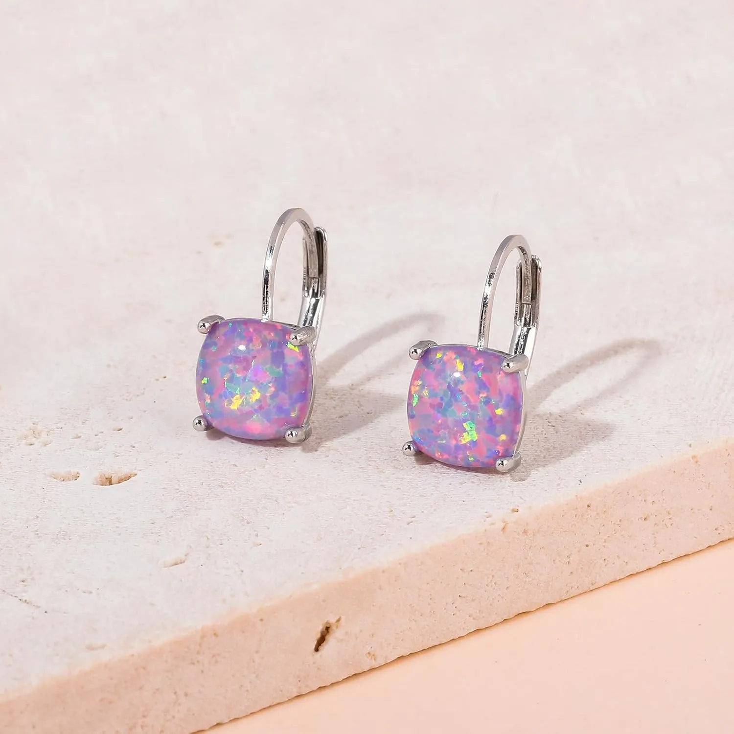 CiNily Leverback Dangle Earrings for Women Girls Hypoallergenic,14K Gold Plated Pendant Earrings Square Opal Hoops Hanging Lever Earrings Fashion Jewelry Gifts for Sensitive Ears