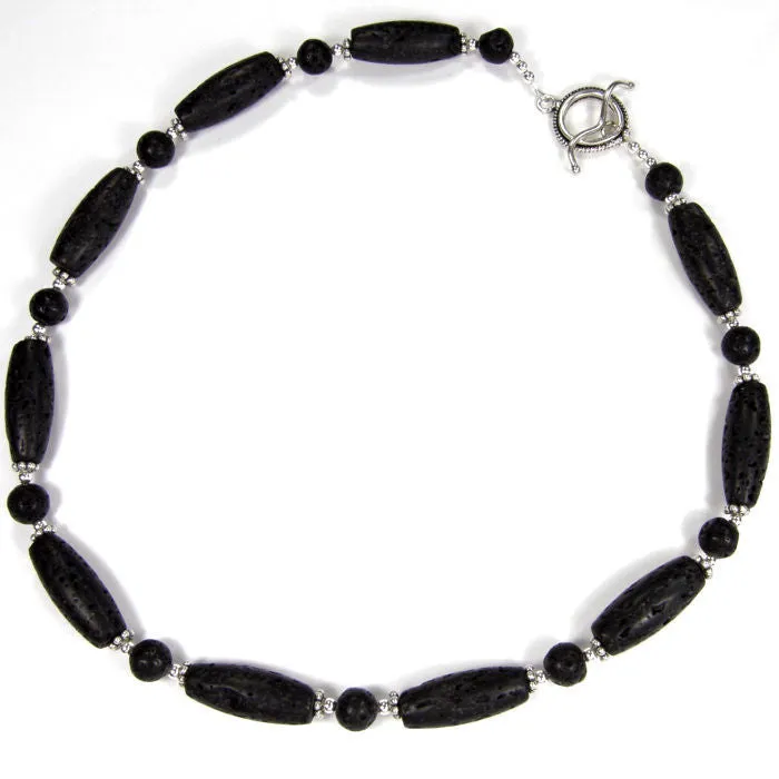 Classic Black Lava Rock Gemstone Necklace, Sterling Silver, Handmade Jewelry