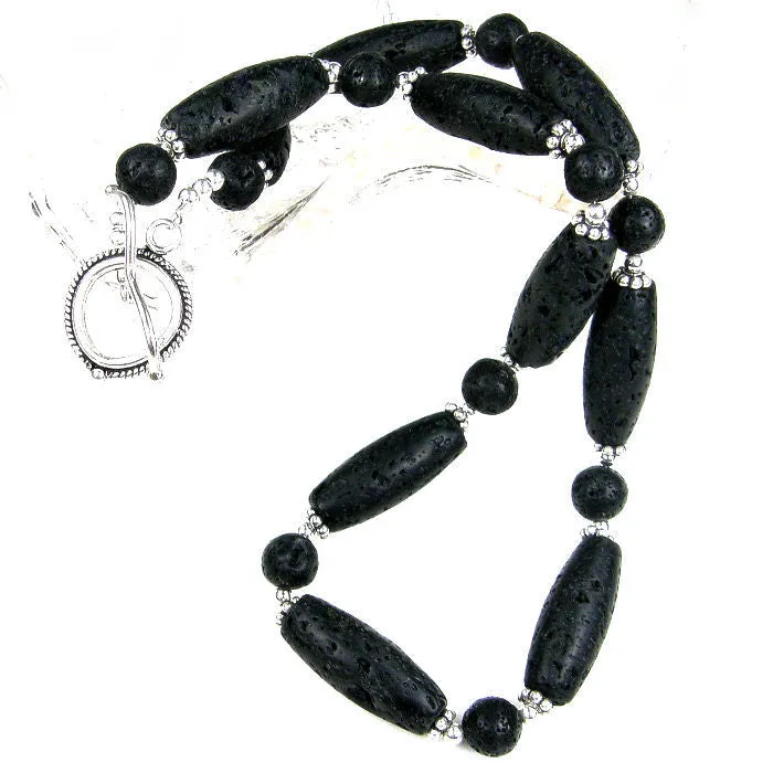 Classic Black Lava Rock Gemstone Necklace, Sterling Silver, Handmade Jewelry