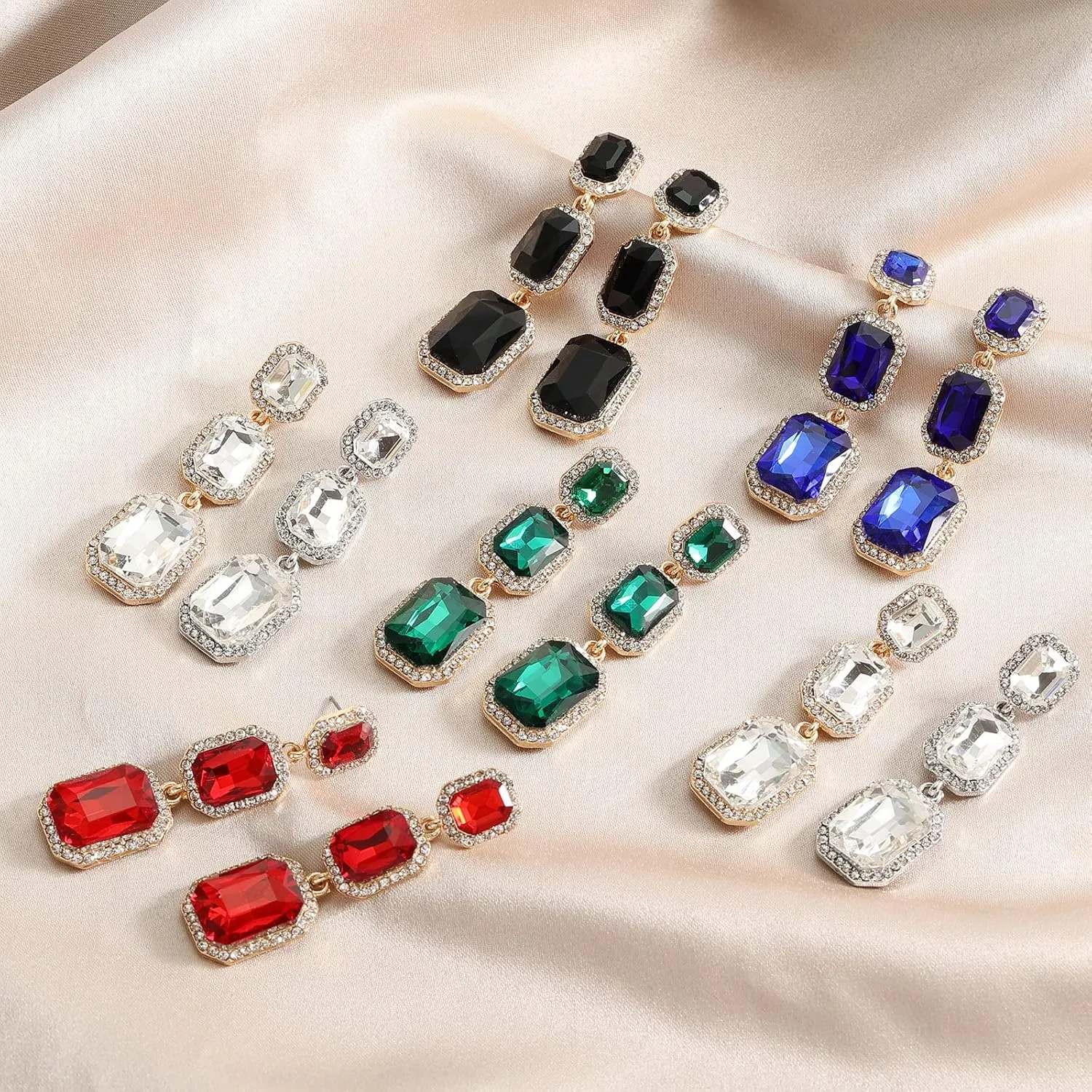 Classical Rhinestone Dangle Earrings Statement Crystal Drop Earrings Wedding Bridal Rectangle Dangling Earrings for Women