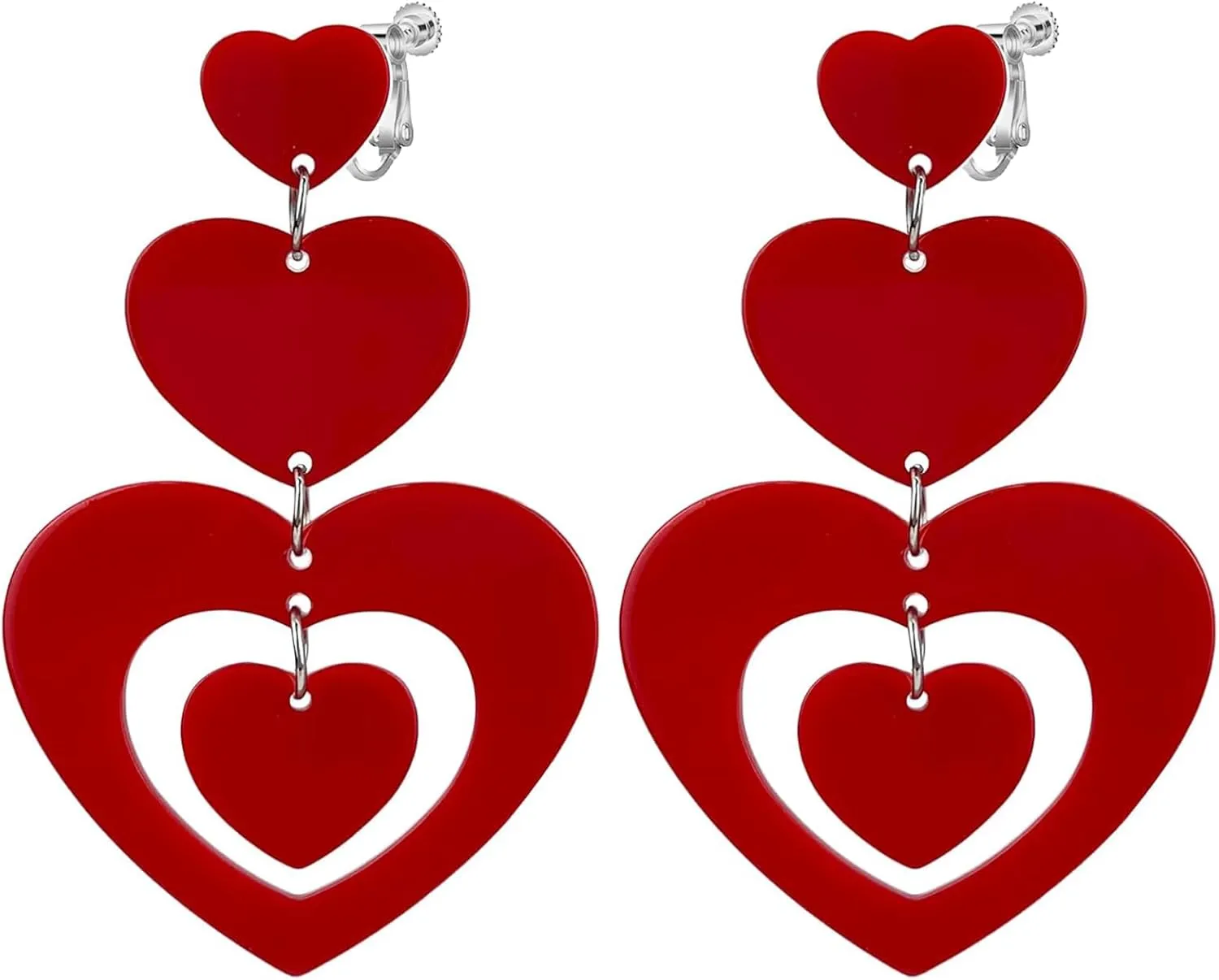 Clip on Dangling Earrings for Women, Non Pierced Acrylic Glitter Double Hearts Drop Jewelry, Valentines Hot Pink for Lovers Couples Earrings