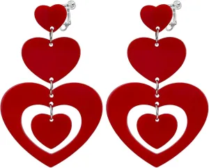 Clip on Dangling Earrings for Women, Non Pierced Acrylic Glitter Double Hearts Drop Jewelry, Valentines Hot Pink for Lovers Couples Earrings