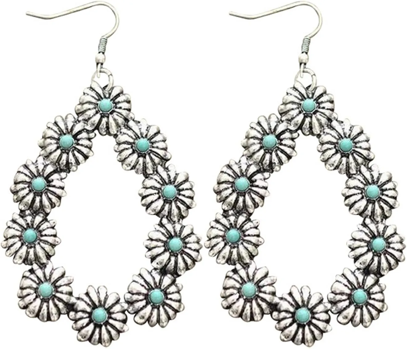 coadipress Bohemian Turquoise Flower Dangle Earrings for Women Statement Teardrop Daisy Earrings Handmade Teardrop Turquoise Earrings Unique Vintage Boho Ethnic Earrings Jewelry Gifts