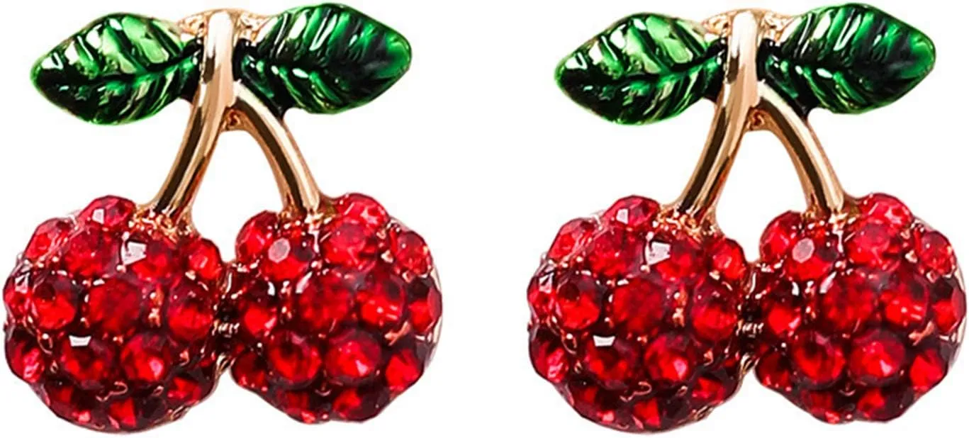 coadipress Cherry Stud Earrings for Women Fashion Lovely Ultra Light Red Enamel Crystal Cherries Fruit Charm Piercing Studs Jewelry