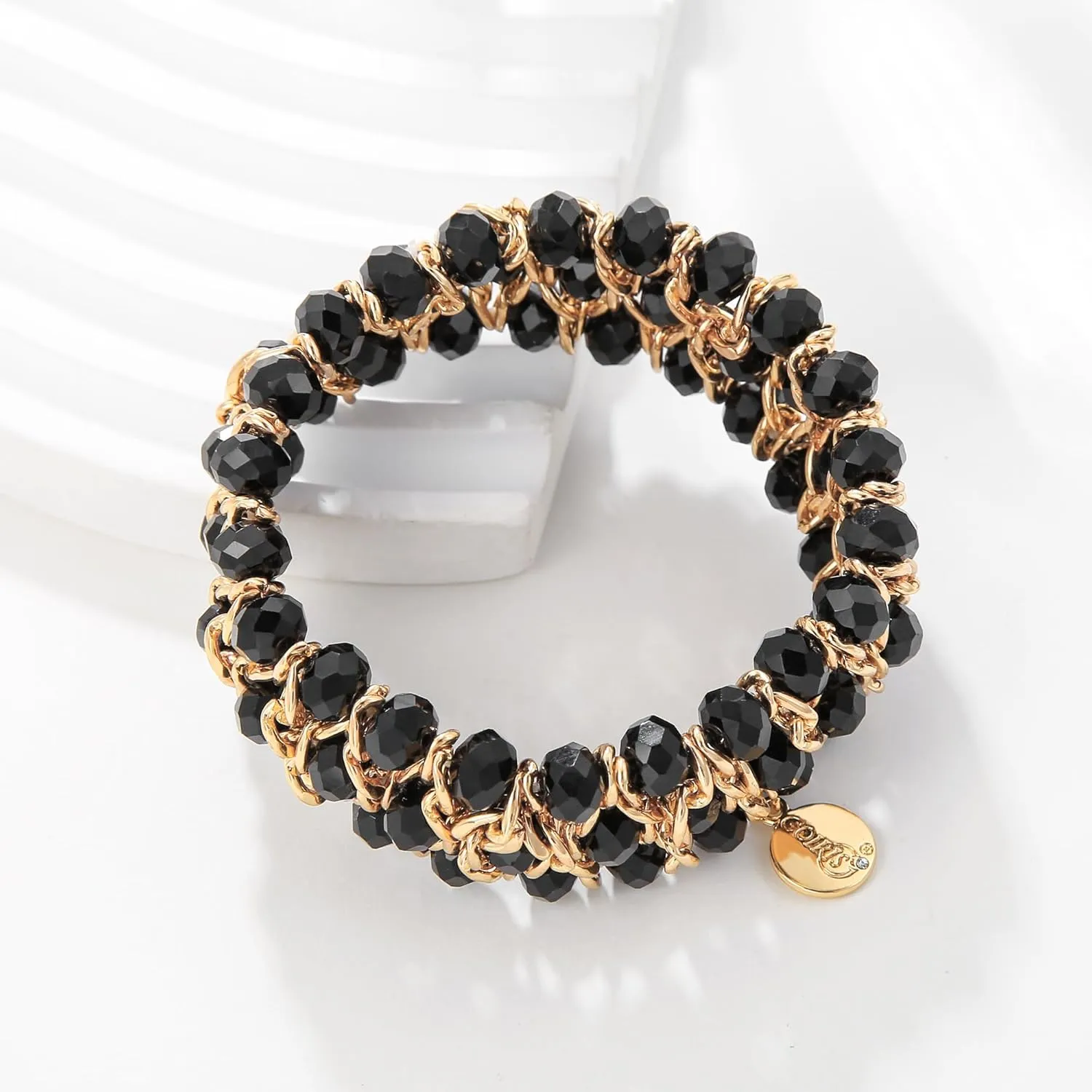 Coiris Glass Bead Crystal Wrap Bangle Bracelet with Alloy Elastic Cord Gifts for Women