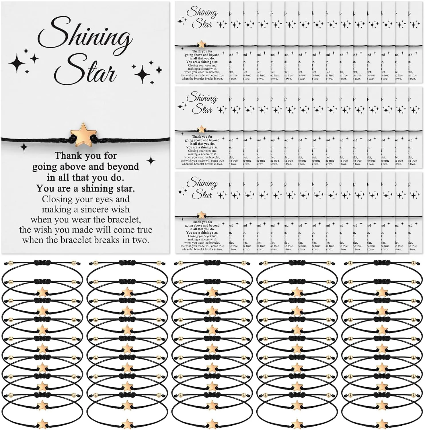 Colarr 50 Sets Employee Appreciation Gift Bracelets with Shiny Star Charm Adjustable Bracelet Wish Cards Inspirational Thank You Gift Teacher Appreciation for Coworker Staff Nurse