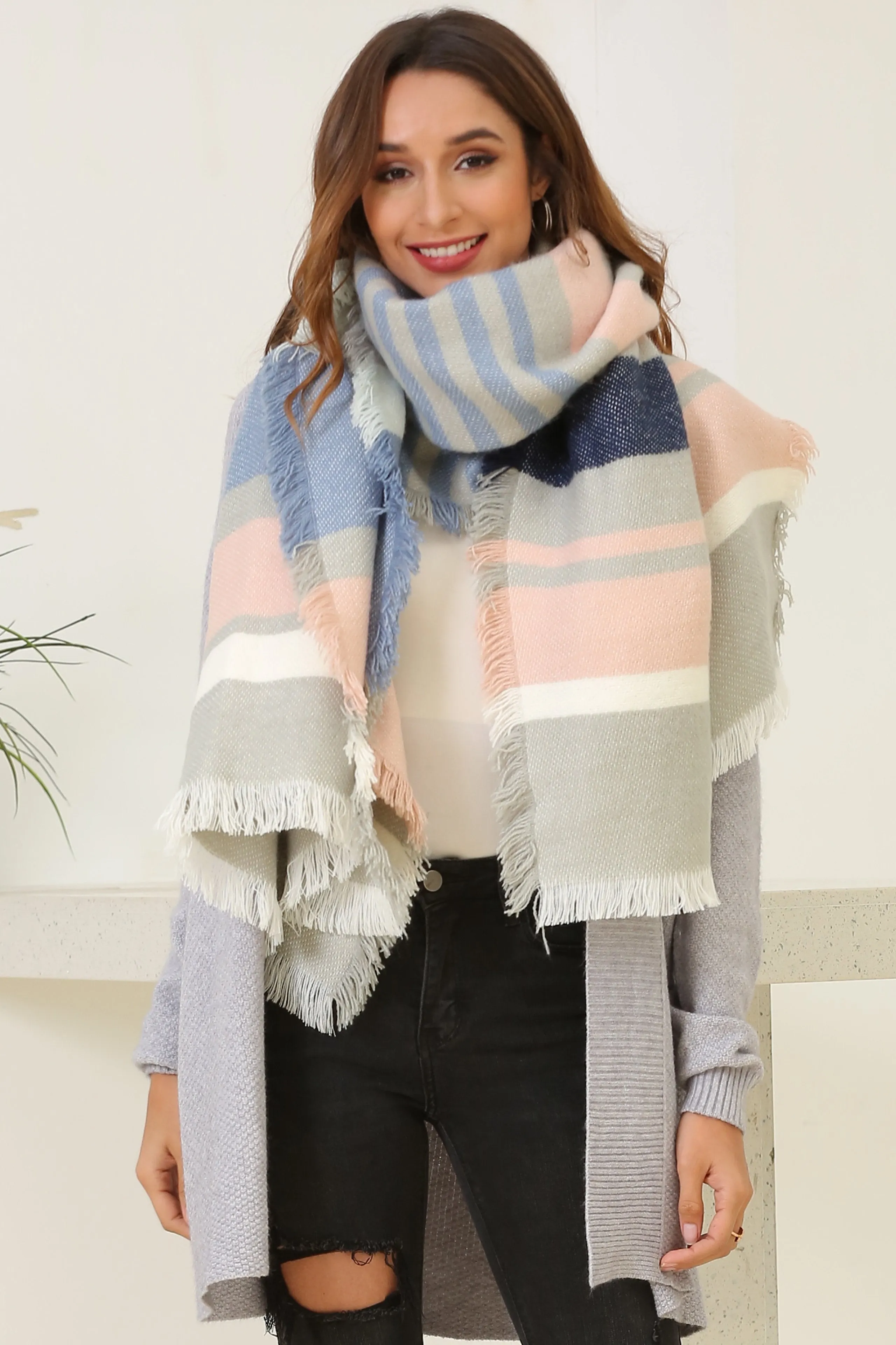 Color Block Tassel Blanket Wrap Scarf