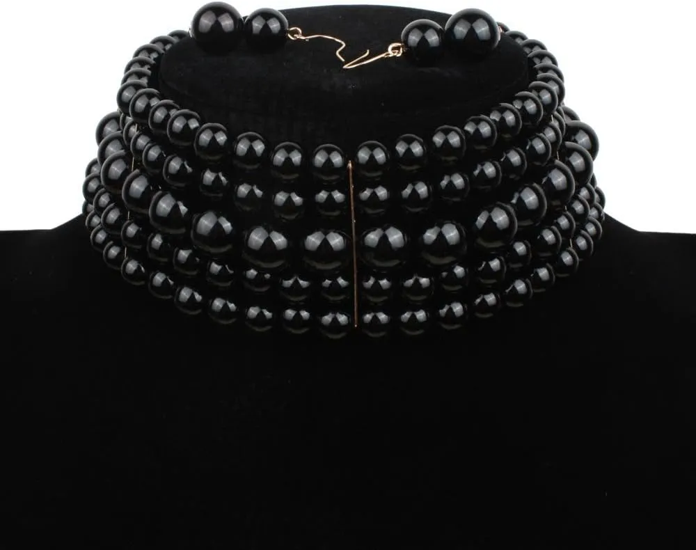 COLORFUL BLING 5 Rows Elegant Simulated Pearl Strand Choker Necklace With Earrings Set Women Ladies Statement Jewelry