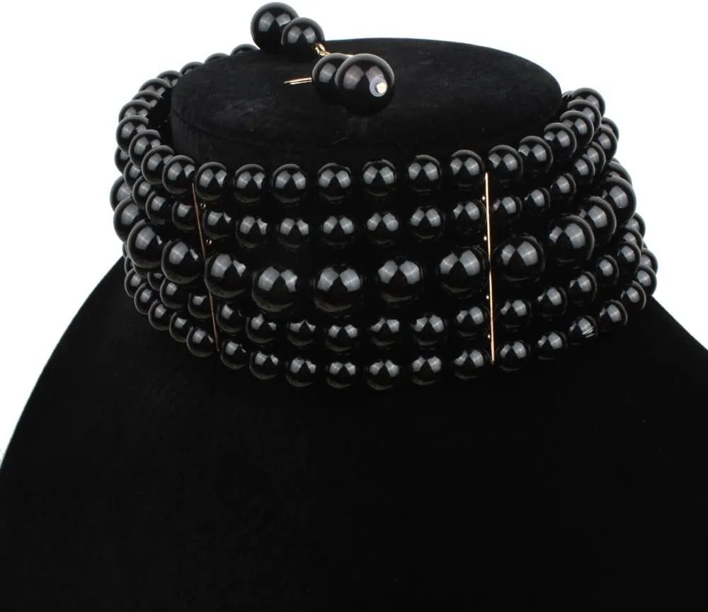 COLORFUL BLING 5 Rows Elegant Simulated Pearl Strand Choker Necklace With Earrings Set Women Ladies Statement Jewelry