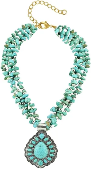 COLORFUL BLING Boho Imitation Turquoise Collar Bib Necklace Blue Stone Beads Strand Pendant Choker Necklaces for Women Bohemian Turquoise Jewelry