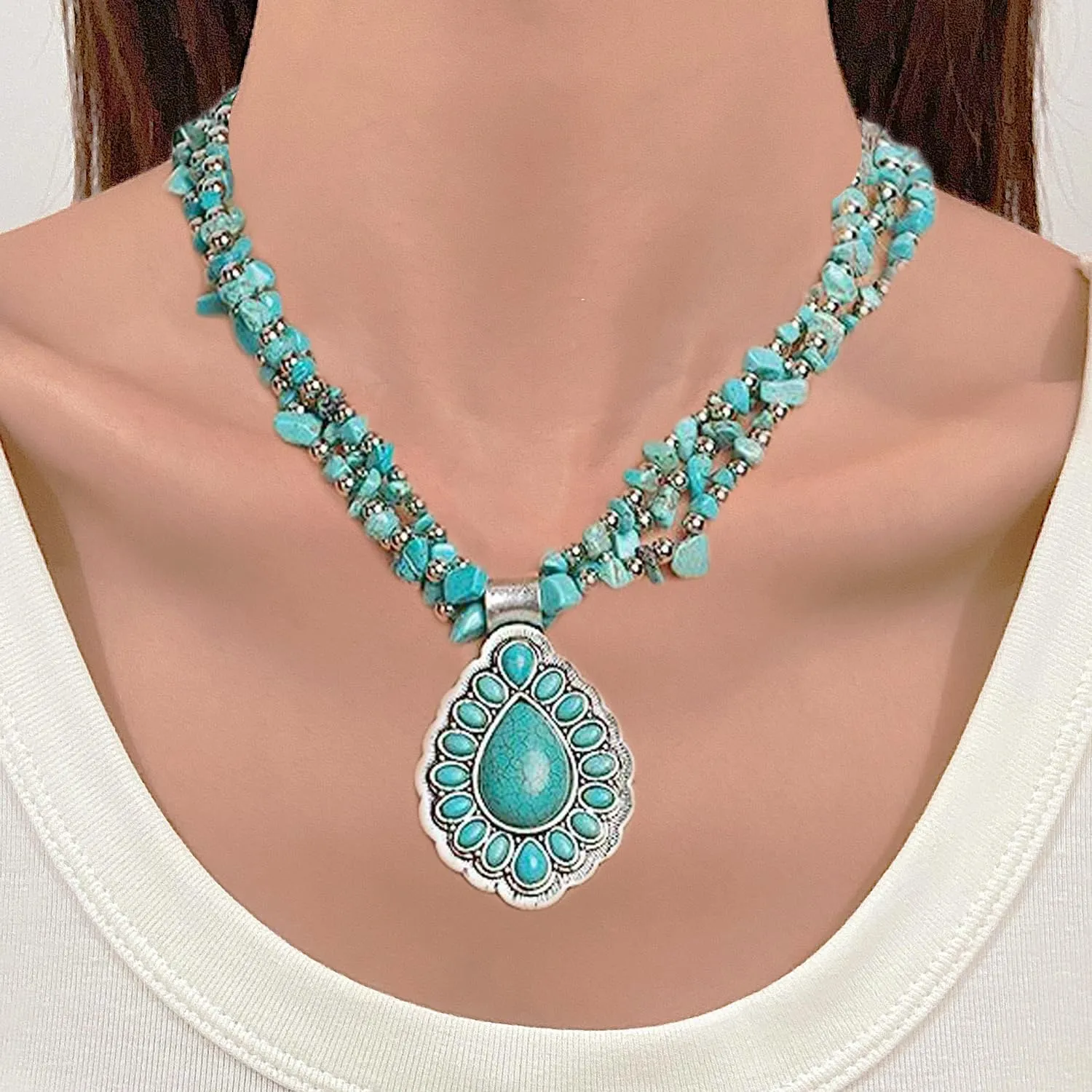 COLORFUL BLING Boho Imitation Turquoise Collar Bib Necklace Blue Stone Beads Strand Pendant Choker Necklaces for Women Bohemian Turquoise Jewelry