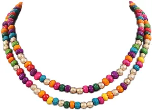 COLORFUL BLING Layered Boho Wood Beaded Choker Necklace Vintage Natural Wooden Bead Collar Necklace for Women Handmade Tribal Bohemian Jewelry
