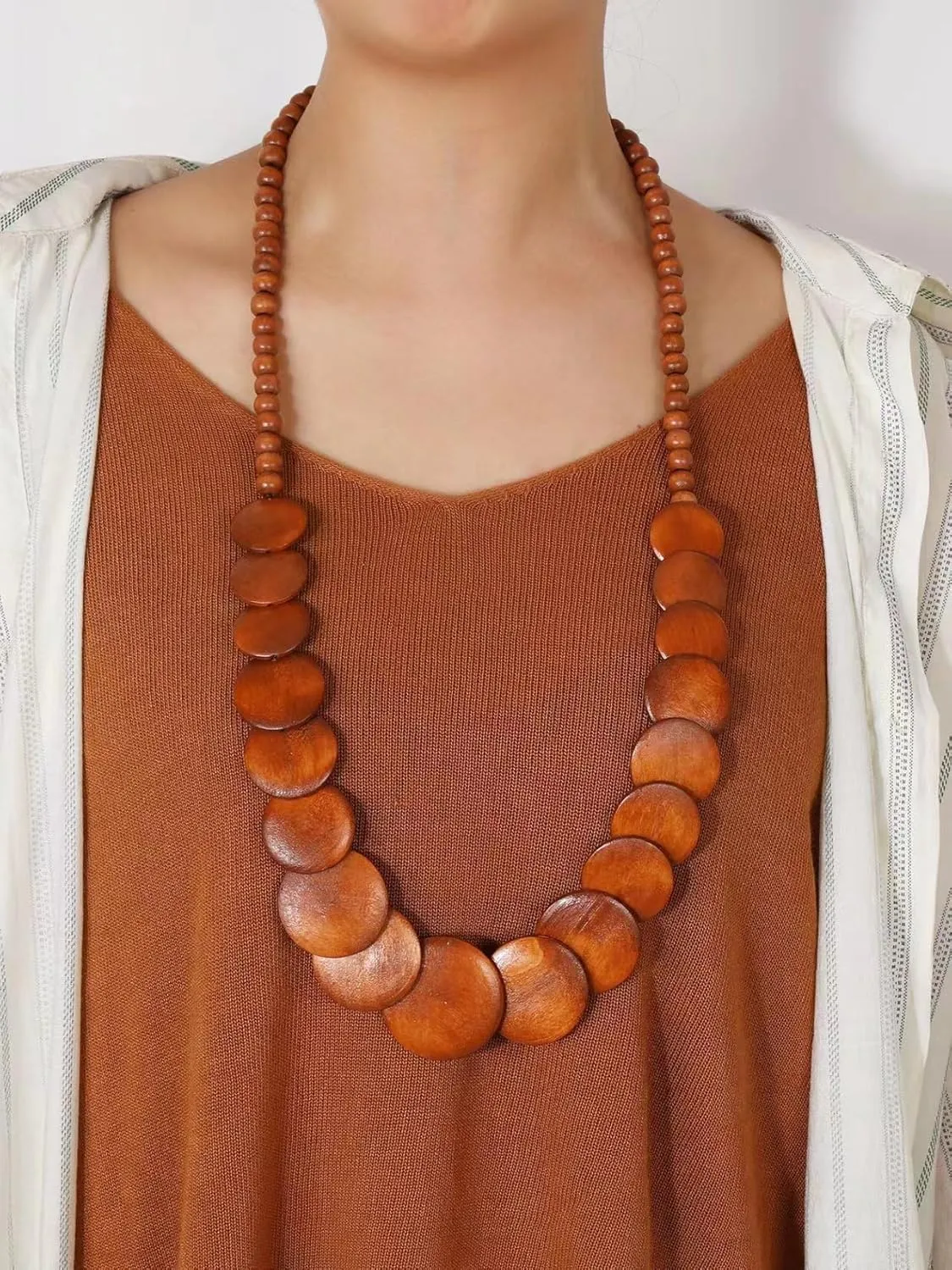 COLORFUL BLING Natural Chunky Wooden Beads Statement Necklace Boho African Tribal Collar Choker Bib Necklace Hippie Vacation Jewelry for Unisex Men Women