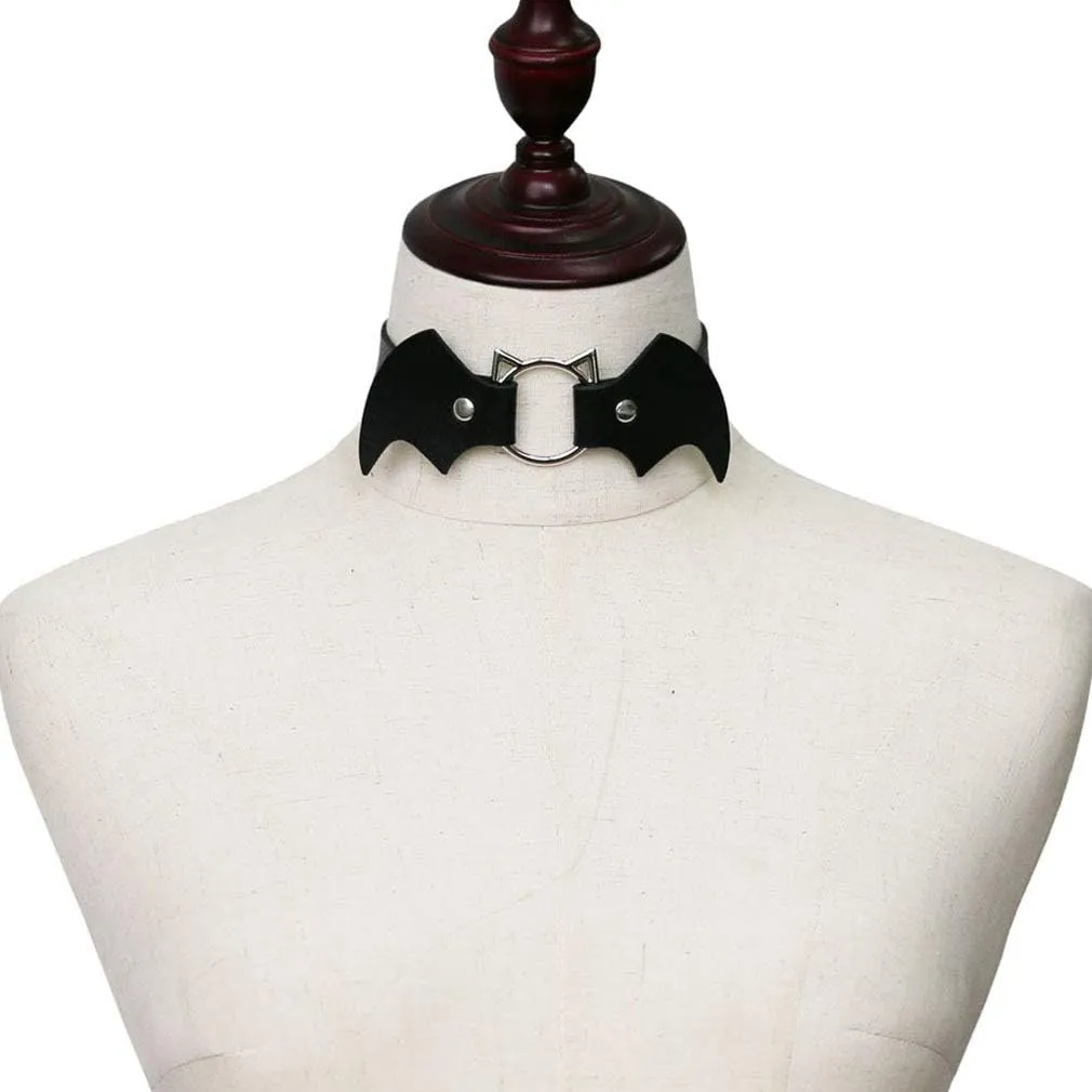 COLORFUL BLING Punk Demon Wings Black Leather Choker Necklace Gothic Pu Leather Cute Cat Head Ring Choker Rock Collar for Women