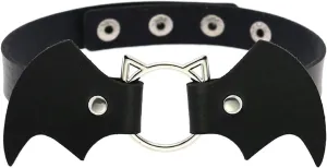 COLORFUL BLING Punk Demon Wings Black Leather Choker Necklace Gothic Pu Leather Cute Cat Head Ring Choker Rock Collar for Women