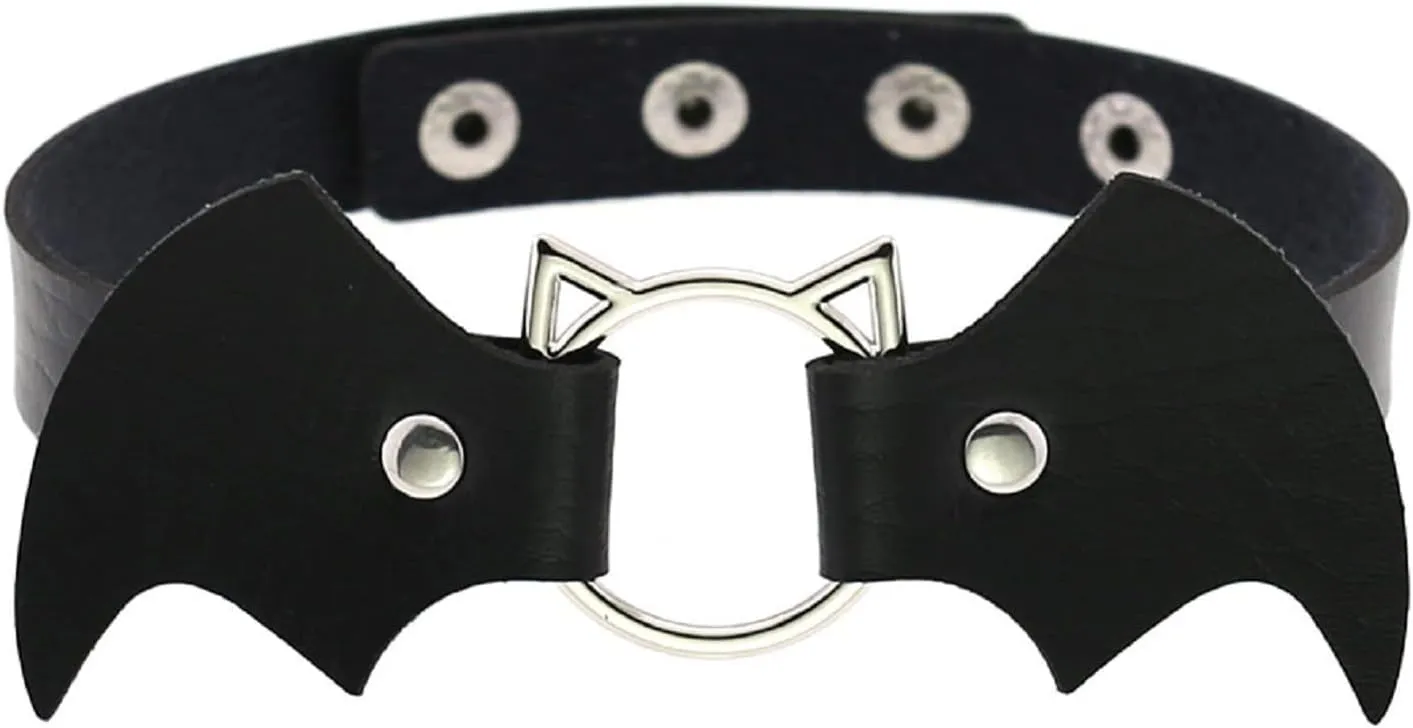 COLORFUL BLING Punk Demon Wings Black Leather Choker Necklace Gothic Pu Leather Cute Cat Head Ring Choker Rock Collar for Women