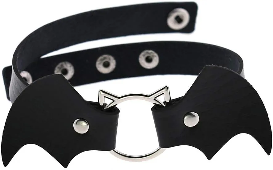 COLORFUL BLING Punk Demon Wings Black Leather Choker Necklace Gothic Pu Leather Cute Cat Head Ring Choker Rock Collar for Women