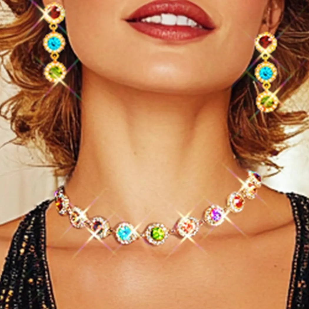 Colorful Crystal Choker Necklace Sparkly Rhinestone Chokers Necklaces Gold Chain Party Prom Neck Jewelry for Women