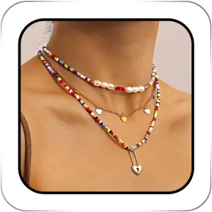 Colorful Layered Beaded Necklaces Gold Heart Beads Choker Necklace Boho Rave Costume Neck Accessory for Women(3PCS)