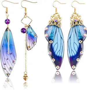 Cottagecore Butterfly Wing Earrings 1 Pair 14K Gold Foil Fairy Wing Earrings & 1 Pair Fairycore Asymmetrical Earrings for Women Drop Dangle Earrings