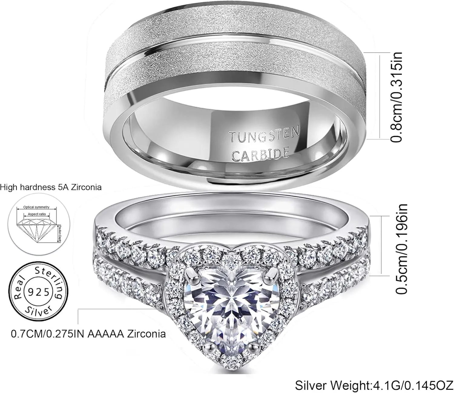 Couple Rings White Gold Plated 925 Sterling Silver Ring 1CT AAAAA Heart CZ Women Wedding Ring Sets Men Tungsten Steel Ring